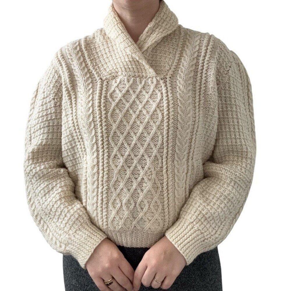Vintage Womens Hand Knit Wool Chunky Fisherman Cropped Cowl Sweater Sz M